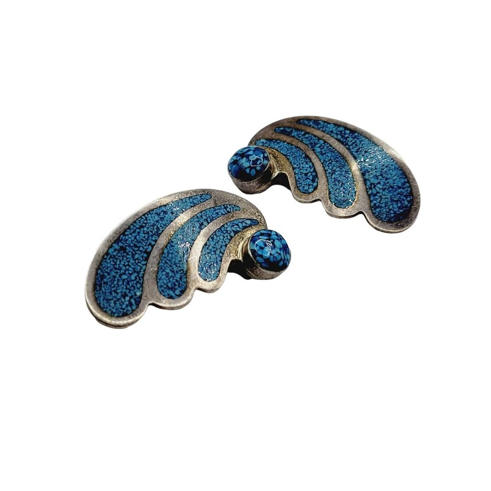 Signed Mexico TB-46 925 Sterling Silver Crushed Turquoise Clip Earrings (A286)